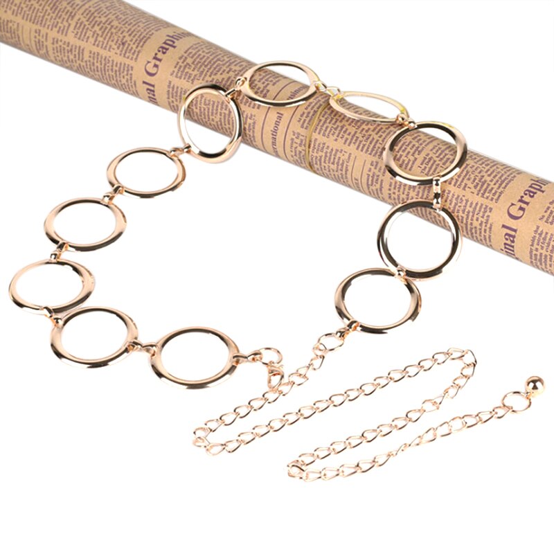 Kvinnor runt kedja bälte kvinnlig guld midja klänning tunna metall bälten 110cm långa tofs fransar kedjor