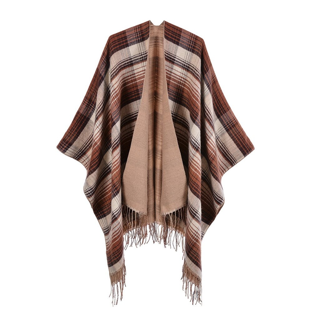 Scottish Classic Color Women Autumn Spring Plaid Shawl Cloak Imitation Cashmere Tassel Thick Warmth Split Shawl Stole Pashmina: 3
