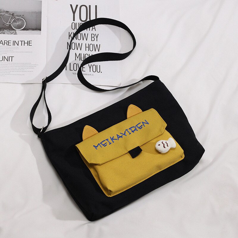 Koreaanse stijl ins canvas messenger bag dames studenten veelzijdige schoudertas schattige zachte meisjes messenger bag: Zwart