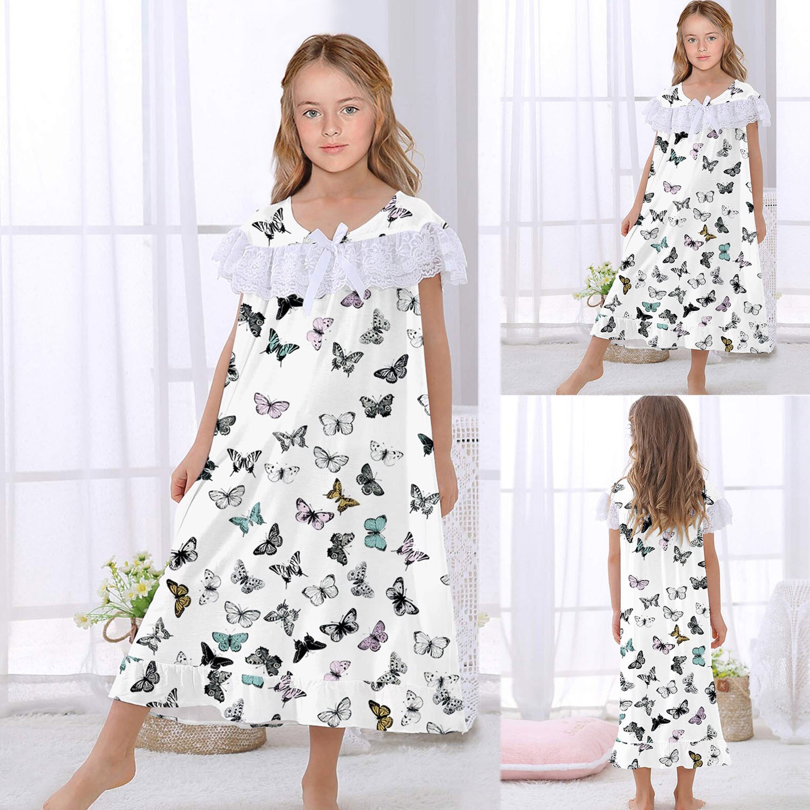 Girls Nightdress Short Sleeve Cute Princess Lace Cotton Sleep Dress Soft And Comfortable Breathable With Zipper On The Back