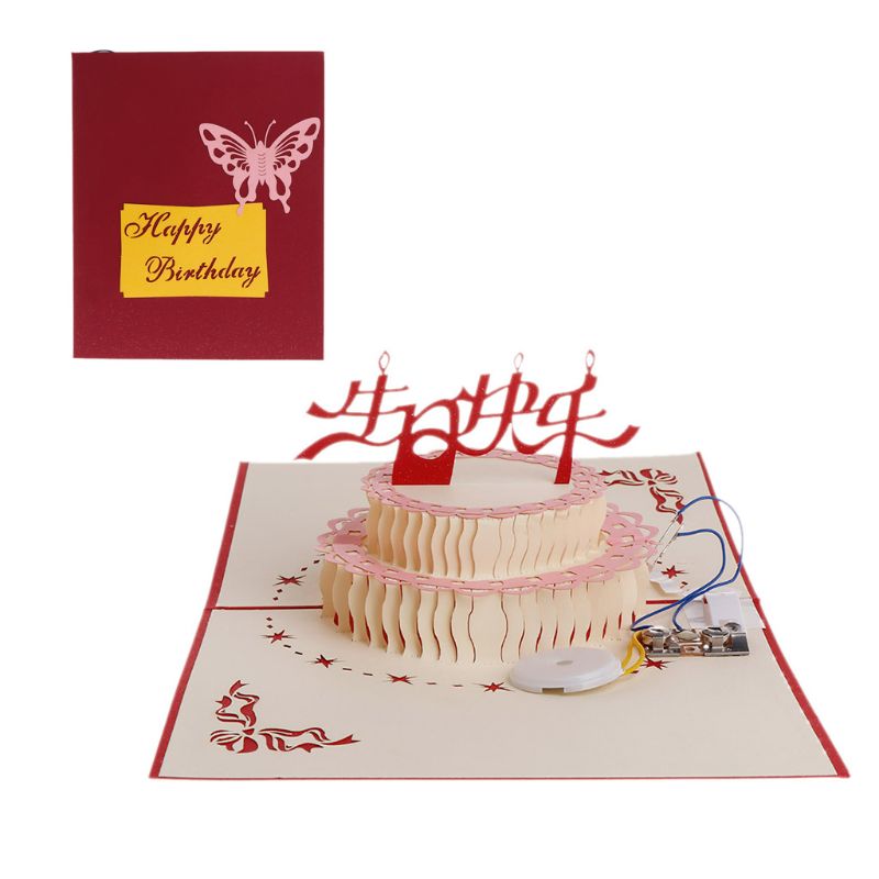 3D Pop Up Greeting Card Happy Birthday Cake Music LED Postcard With Envelope