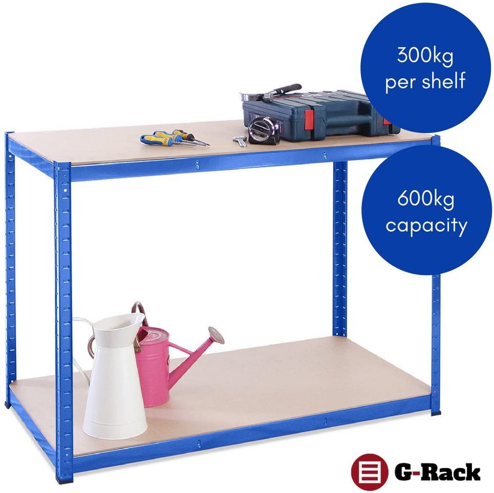 Garage Workbench & Shelving: 90cm high x 120cm wide x 60cm deep | Heavy Duty Racking Shelves for Storage, Blue 2 Tier