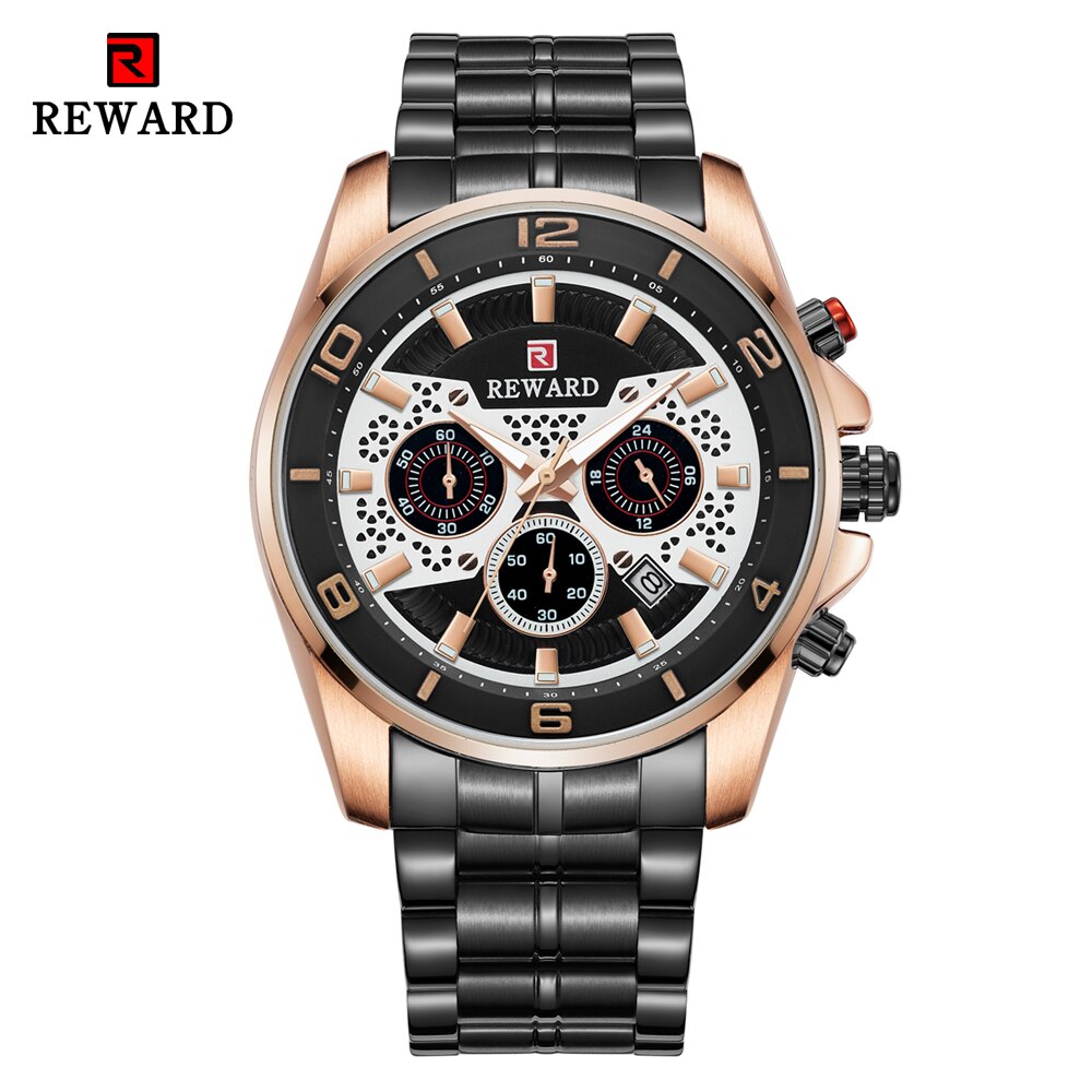 Reward sport chronograaf herenhorloges volledig stalen quartzhorloge grote wijzerplaat waterdicht horloge heren gouden polshorloges relogio masculino: Zwart goud