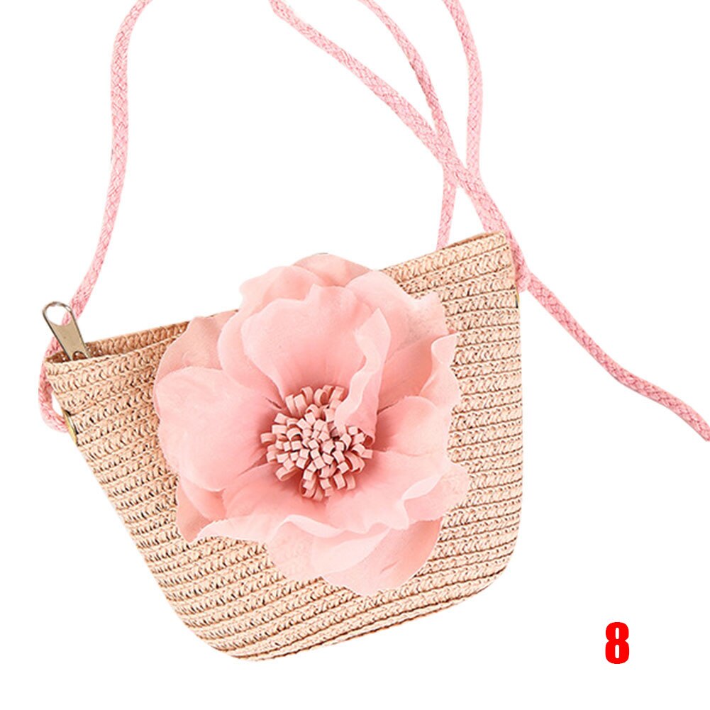 Women Girls Straw Sun Hat + Cute Flower Straw Shoulder Bag Set Summer Beach Kit -B5: 8