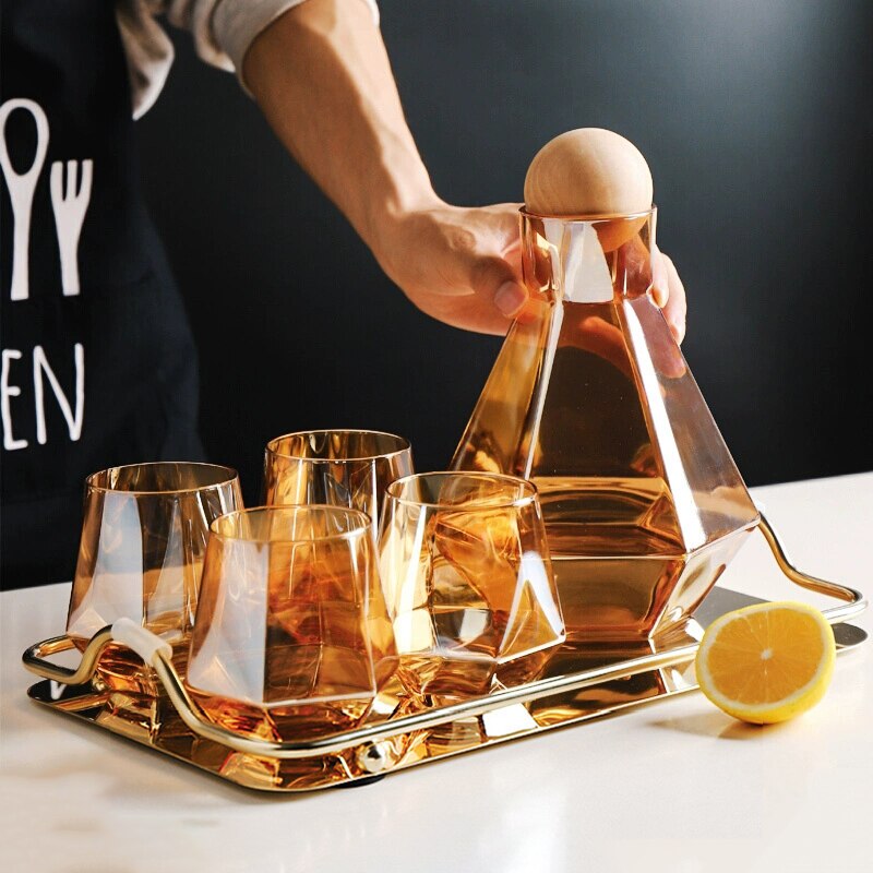 Juego de jarra de vidrio con tapa de madera para vino, whisky, cerveza, zumo, hervidores de agua potable, 1/5 piezas