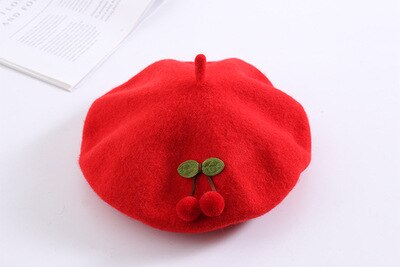 Béret de cerise pour enfants, chapeau pour fille, couleur Pure, mignon, Style japonais, fait à la main, , collection automne hiver, 48-52CM: red