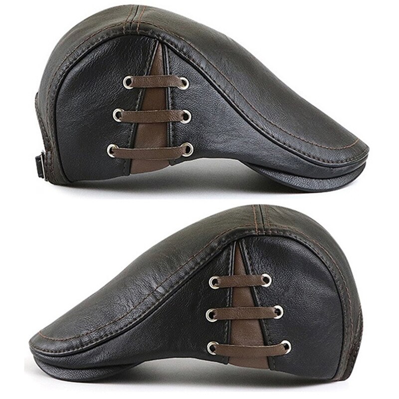 Gorros de cuero sintético para hombre, Boina a prueba de viento, plana, con correa lateral cálida, Boina Masculina