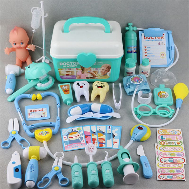 Piger rollespil læge spil medicin simulering tandlæge behandler tænder foregiver at lege legetøj til småbørn 44 stk / sæt: Blå