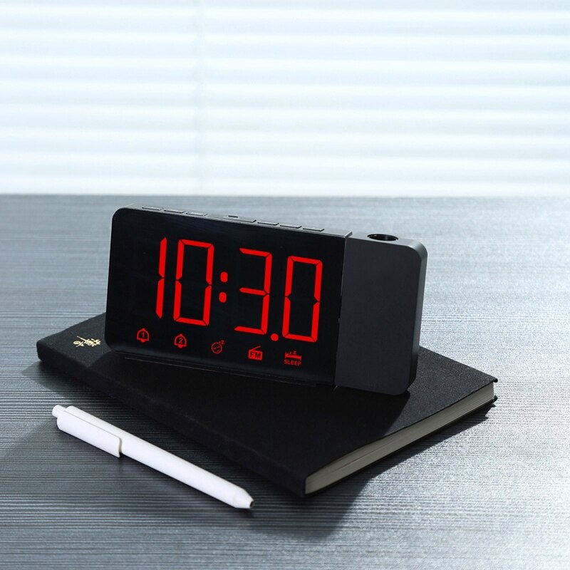 LED Digital 2 Alarm Clock USB Electronic Desktop Watch Wake Up FM Radio Time Projector Snooze Function