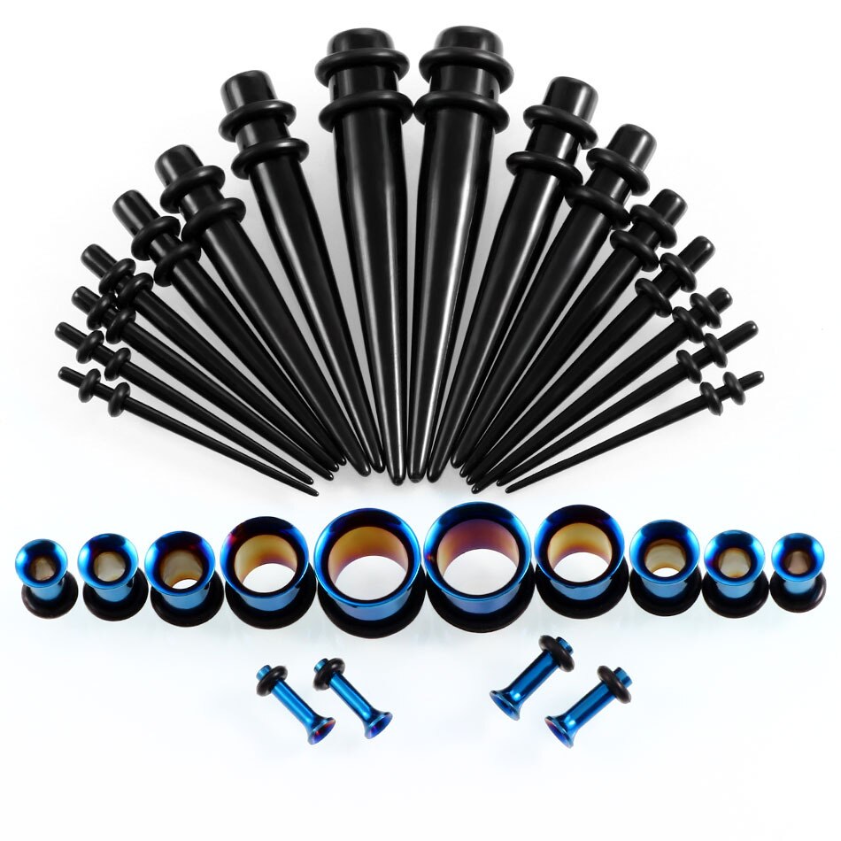 36PCS Ear Gauges Stretching Kit 14-00G Stainless Steel Ear Plugs Tunnels Flesh Tapers Set Stretcher Taper Set Dilataciones Oreja: Black And Blue