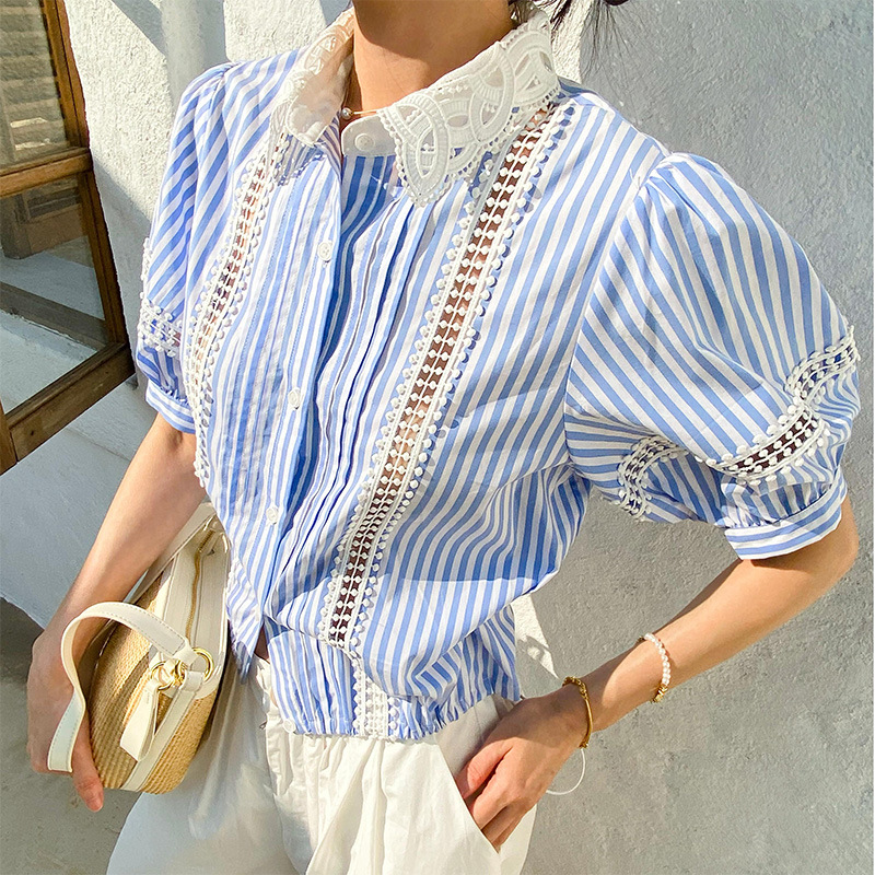 Fransk stil randig blus blå kvinnor vit bomull spets chic ihålig sexig casual sommar damer toppar skjortor