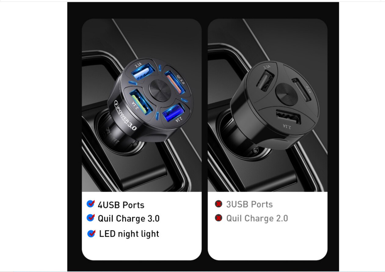 3.1a fast charging car charger one drag four QC 3.0 car mobile phone charger 4USB car charger qc3.0