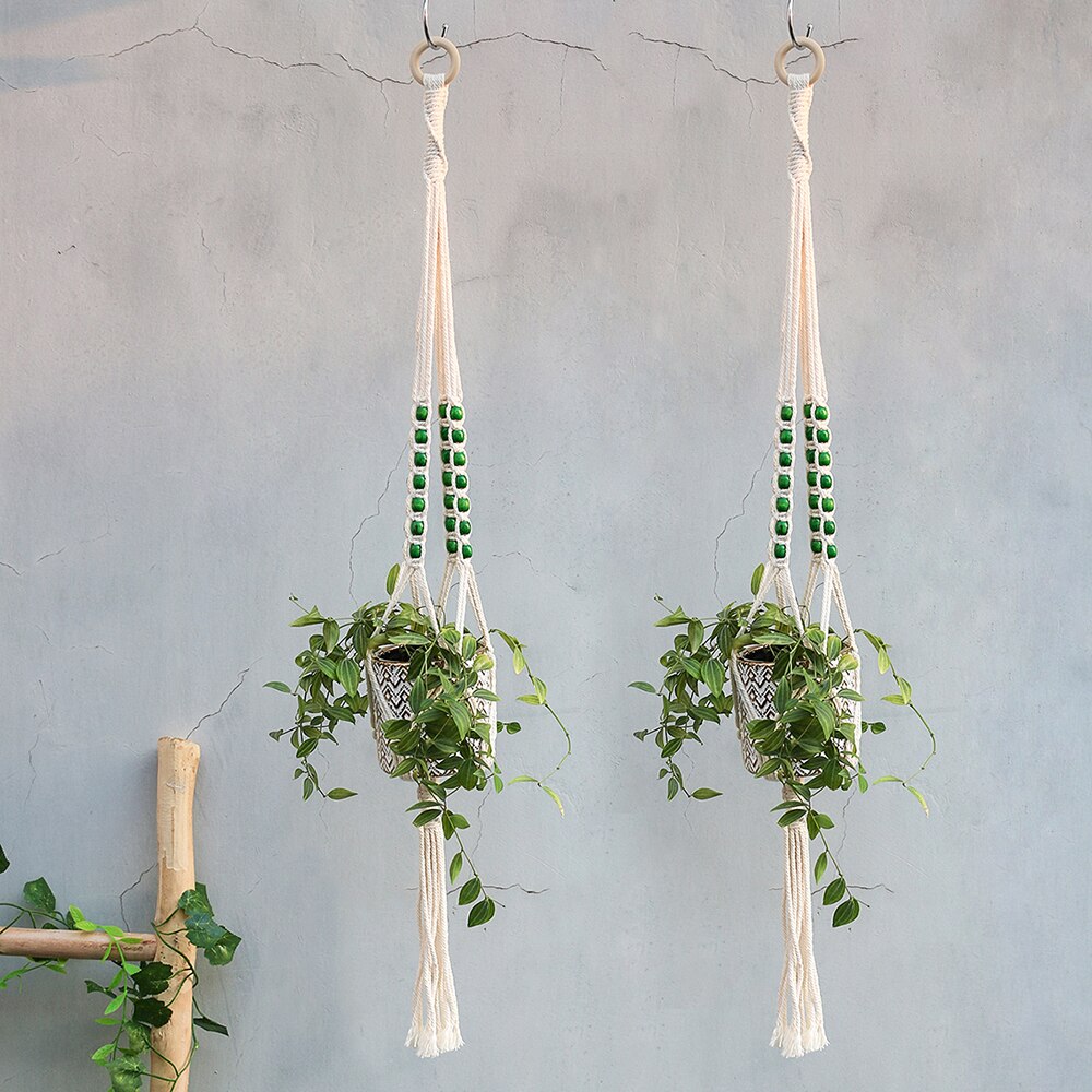 Lot De 2 Suspensions Macramé Avec Socle En Bois - Pots De Fleurs Suspendus Noir 93 Cm - Décoration Murale Ou Plafond Intérieur