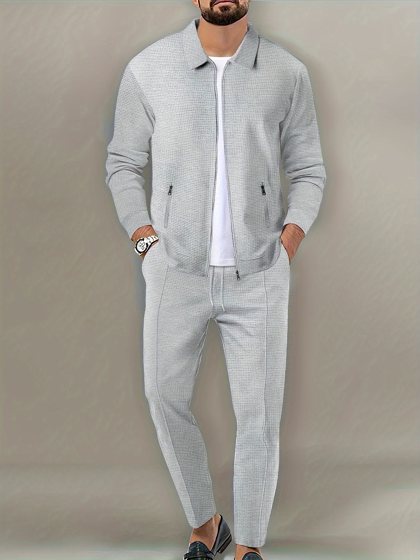 Chaqueta ajustada con bolsillo de cremallera para hombre, ropa deportiva de manga larga, conjunto de chaqueta de cárdigan, pantalones largos, , conjunto de dos piezas: S / Gris
