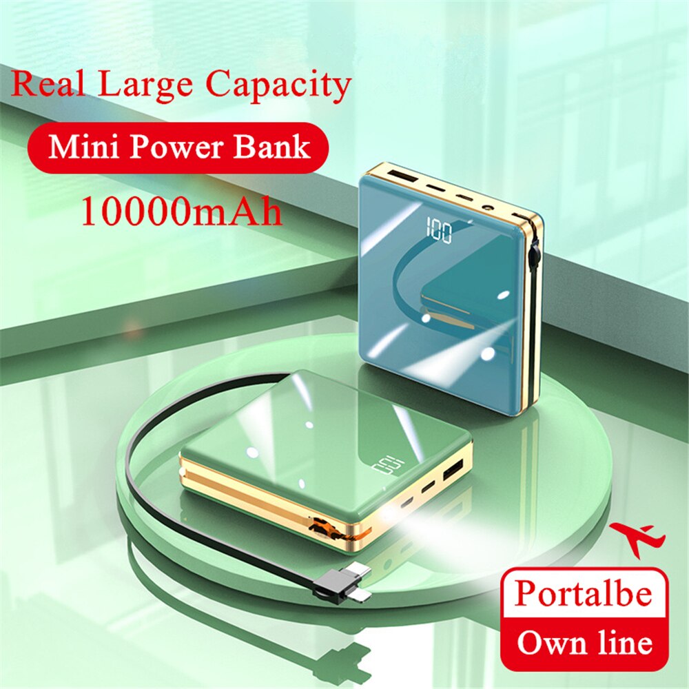 Mini powerbank 10000 mah externe batterij led-verlichting draagbare reis powerbank snel opladen back-up powerbank met kabels