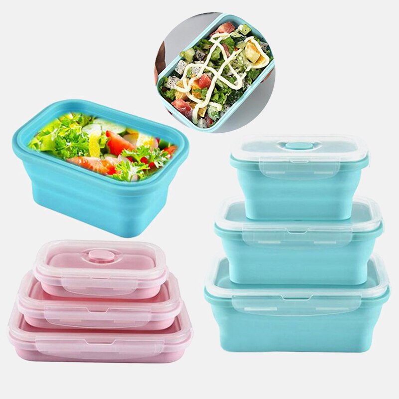 Portable Collapsible Silicone Lunch Box for Kids Food Storage Container Bento Free Microwavable Picnic Camping Rectangle Outdoor