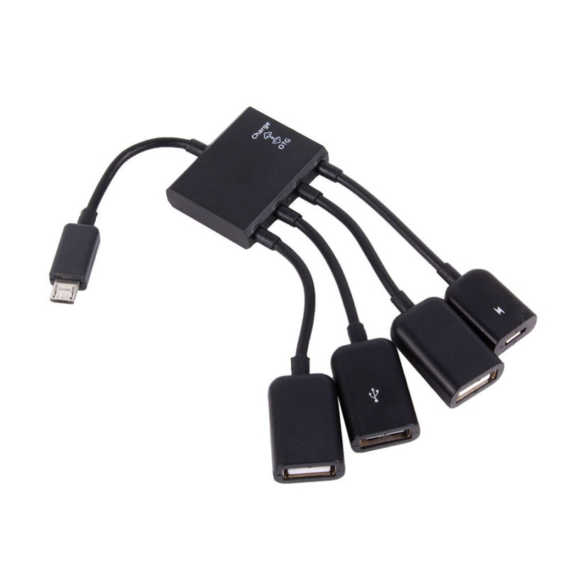 Multi-función USB 2,0 4 en 1 Micro Puerto USB OTG carga Cable concentrador adaptador divisor para smartphones Android Tablet Cable negro