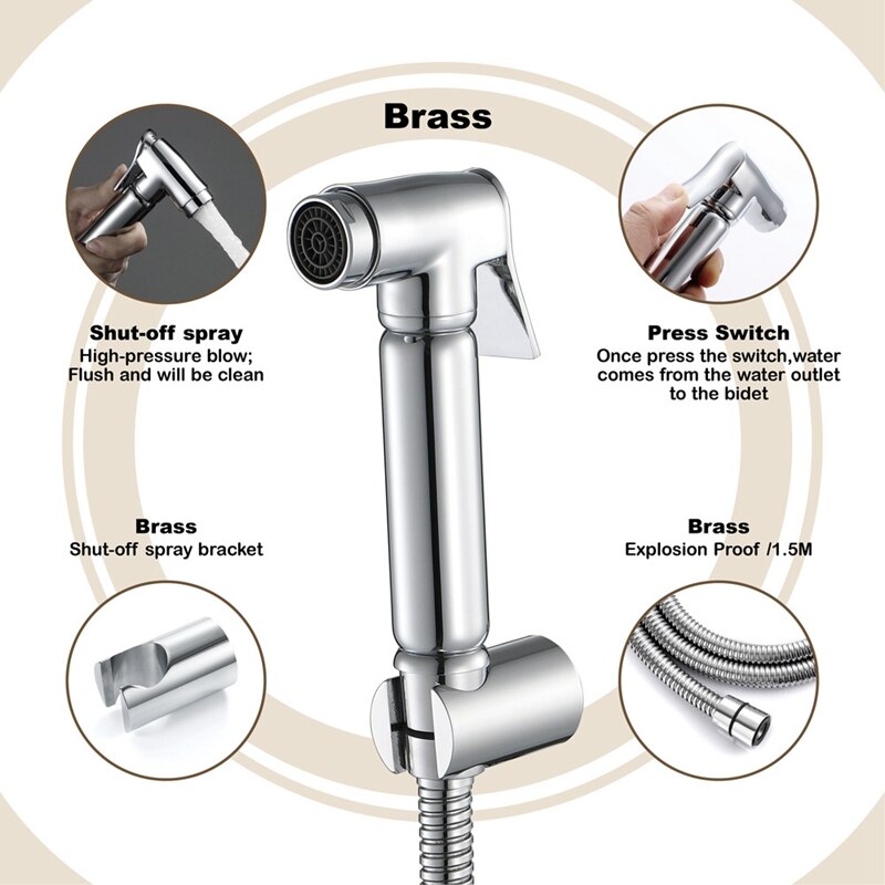 Toilet Bidet Sprayer Faucet Bathroom Hand-Held Brass 1.5M Hose Water Tank Hook Holder