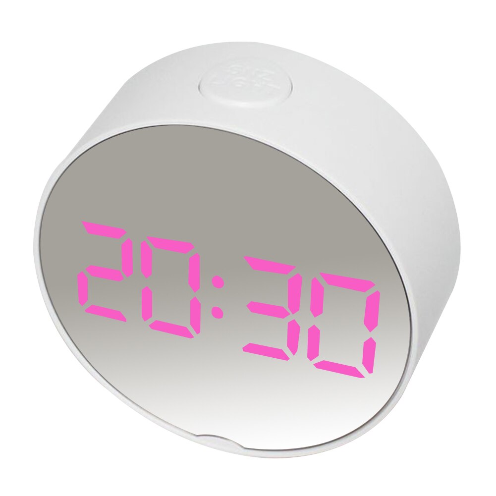 Smart digitalt vækkeur førte natbørnesoveværelse mini bærbart rundt ovalt digitalt display vækkeur natlys makeup spejl: Hvid lyserød runde