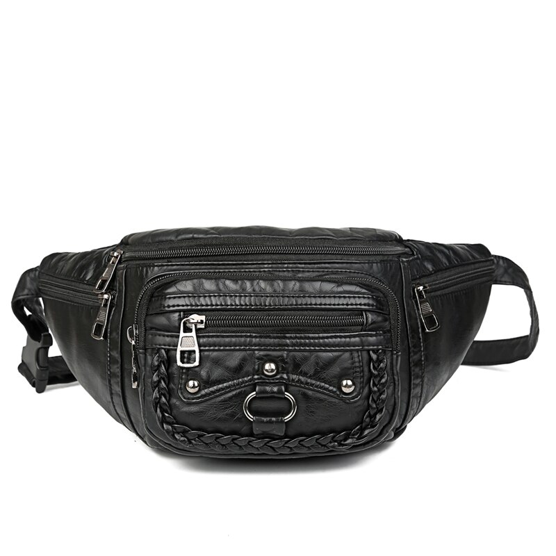 Taille PU Leder Tasche Frau Gürtel Taschen Frauen Taille Tasche für Männer Jahrgang Kissen Bauch Pakete Gewaschen Leder unisex telefon Tasche: Schwarz