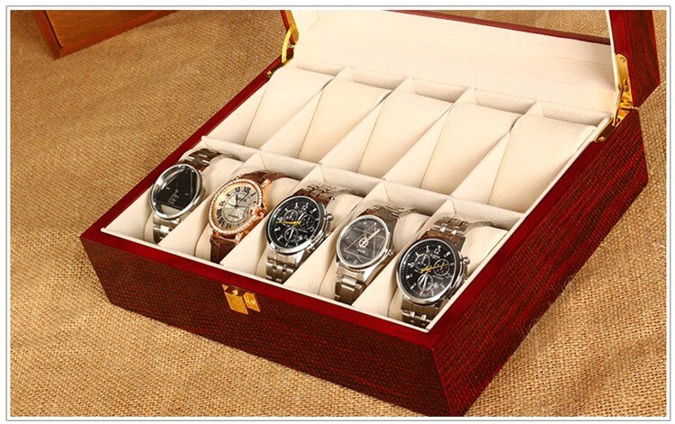 (Speciale Prijs) 10 Slots Hout Horloge Display Dozen Case Licht Rode Houten Horloge Organizer Mechanische Horloge Opslag Gevallen