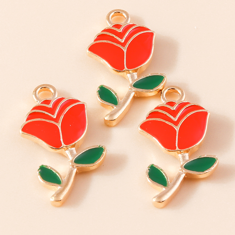 Mini Rosa esmaltada romántica, 10 piezas, 9x18mm, dijes para collares, colgantes, pendientes, fabricación de joyas DIY, hallazgos hechos a mano: Bañado en rodio de imitación