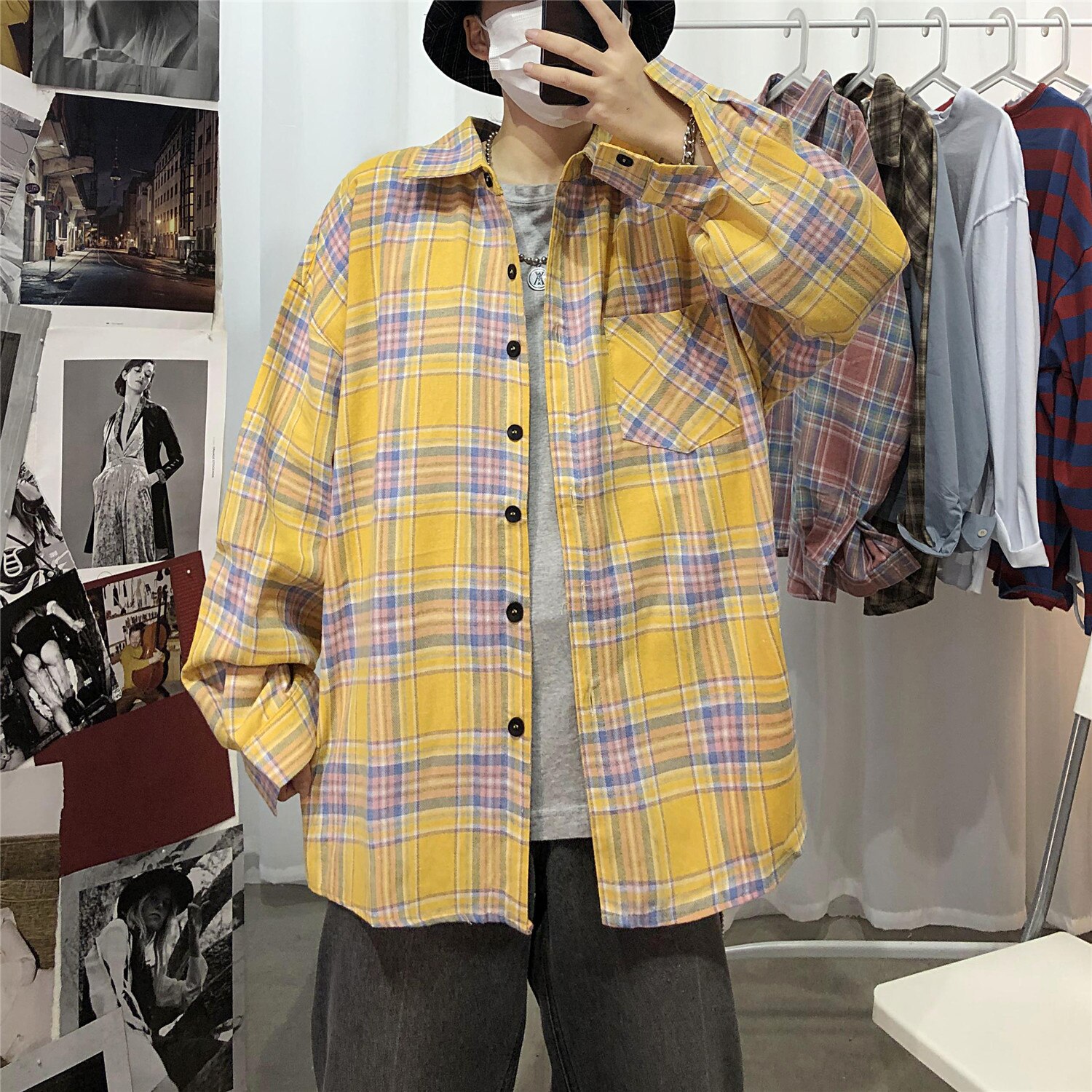 En Najaar Jeugd Pop Plaid Losse Lange Mouw Shirt Casual Wild Top Jas Rood/Geel /Groen/Kaki: yellow / XXL