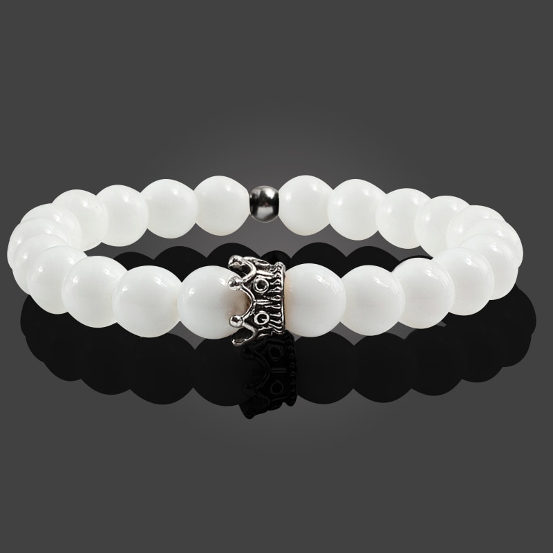 Heiße Neue Charme Krone Männer Armreifen Natürliche Stein Weiß Porzellan Perlen Armbänder Hand Zubehör Für Frauen Elastische Seil Hand Kette