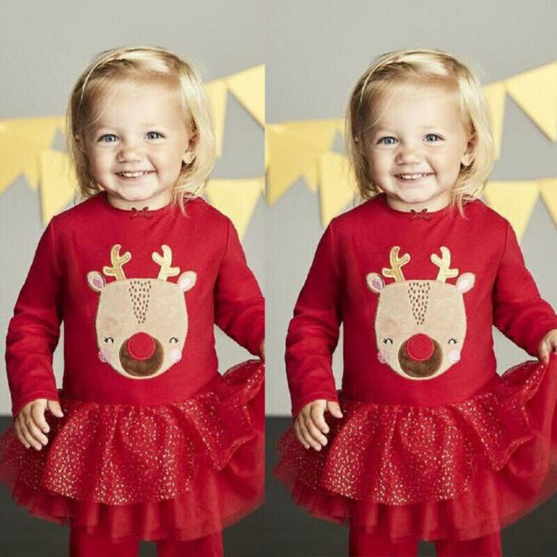 Jule børn baby pige julekonkurrence efterår lange ærmer dejlig tutu blondekjole prinsesse tøj sæt