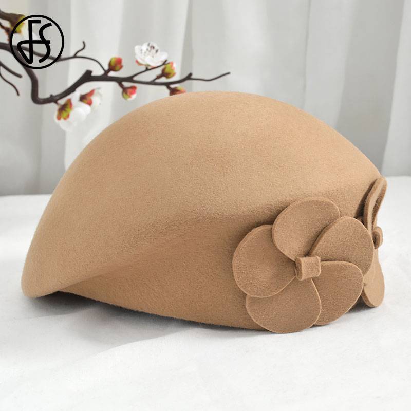 FS Winter Hats For Women Beret Wool Felt Fedora Hat Black Red Hats Wedding Church Party Cocktail Ladies Female French Artist Hat: Camel
