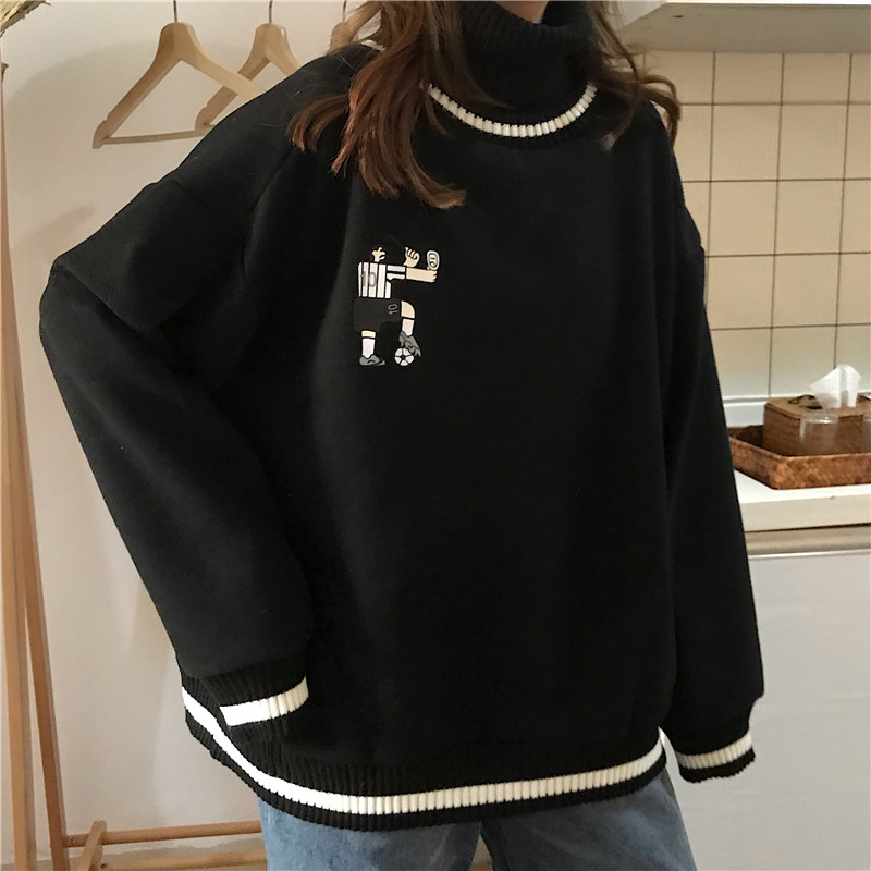 Sudaderas con capucha para mujer, con cuello alto holgado de gran tamaño, estampado a rayas, terciopelo grueso, de manga larga, con capucha para mujer, estilo informal coreano