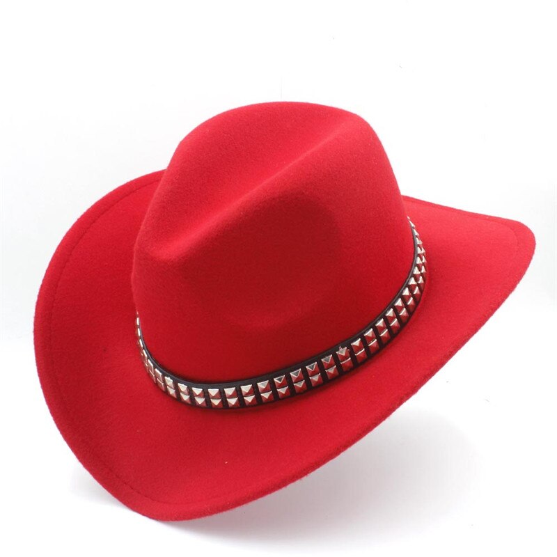 Women Men Wool Hollow Western Cowboy Hat With Wide Brim Felt Cowgirl Jazz Godfather Sombrero Cap Size 56-58CM Punk Belt A35: Red