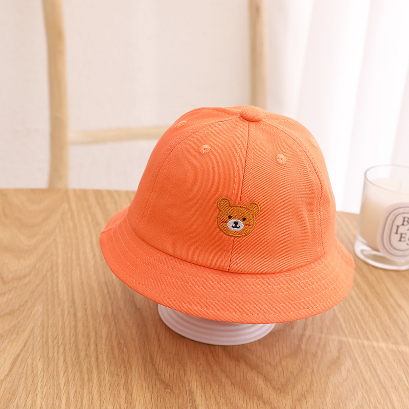 2022 sommar baby hink hatt tecknad söt björn broderi solhattar mjuk bomull utomhus barn fiskare panama mössa: Orange