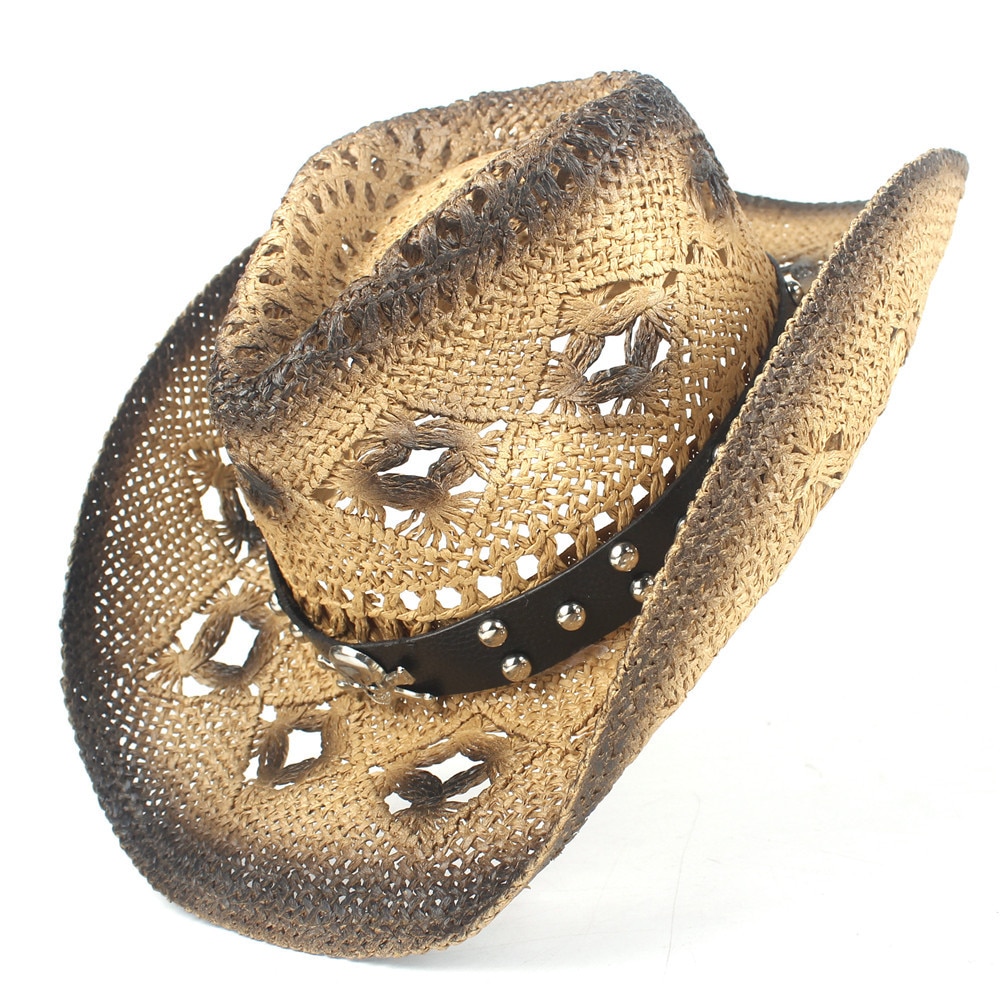Punk Brand Straw Hollow Western Cowboy Hat Women Men Handmade Fedora Sombrero Hombre Beach Cowgirl Jazz Sun Hat Size