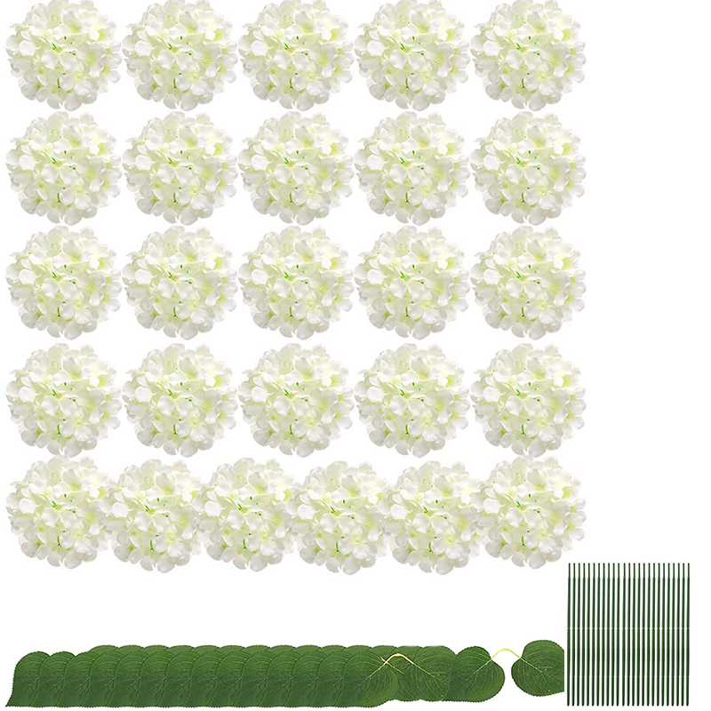 Silke hortensia kunstige blomster hortensia hoveder brude bryllup buket med stilke hjem bryllupsfest dekorationer: Elfenben med blade