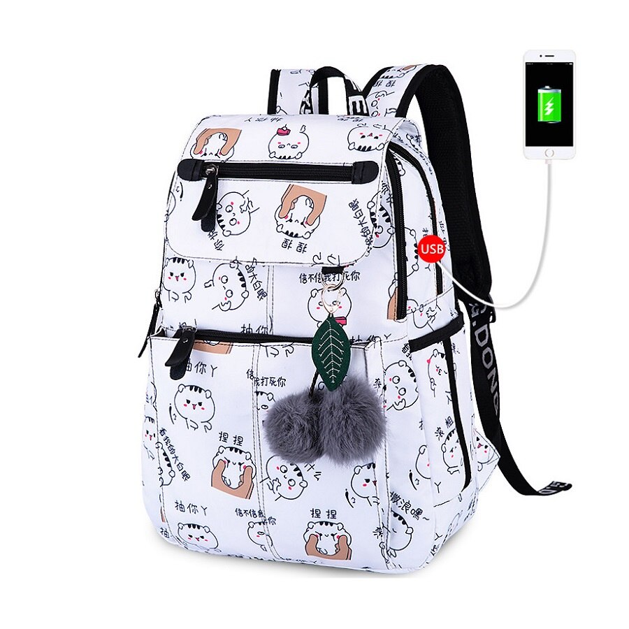 Femme Usb sac à dos enfants sacs à dos école sac à dos pour filles sac Pack Junior lycée sacs pour filles sac à dos pour ordinateur portable: White Cat