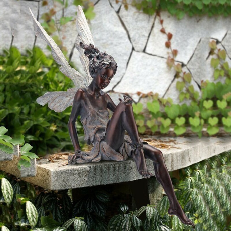 Estatua de resina con decoración de Jardín de hadas de flores para decoración de jardín, estatua de hada sentado, accesorios de decoración de escritorio, elfo,: Brown