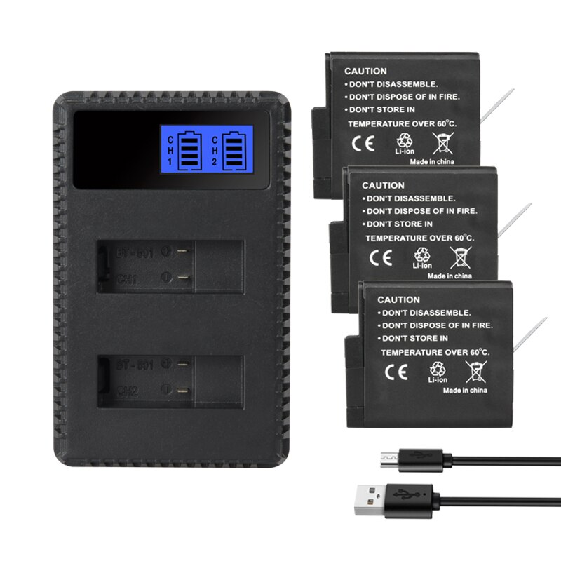 Batterij 1250 mah voor gopro hero 7 6 5 go pro hero 5 hero 6 hero 7 black ahdbt 501 ahdbt -501 camerabatterijen oplader: 1 oplader 3 accu's