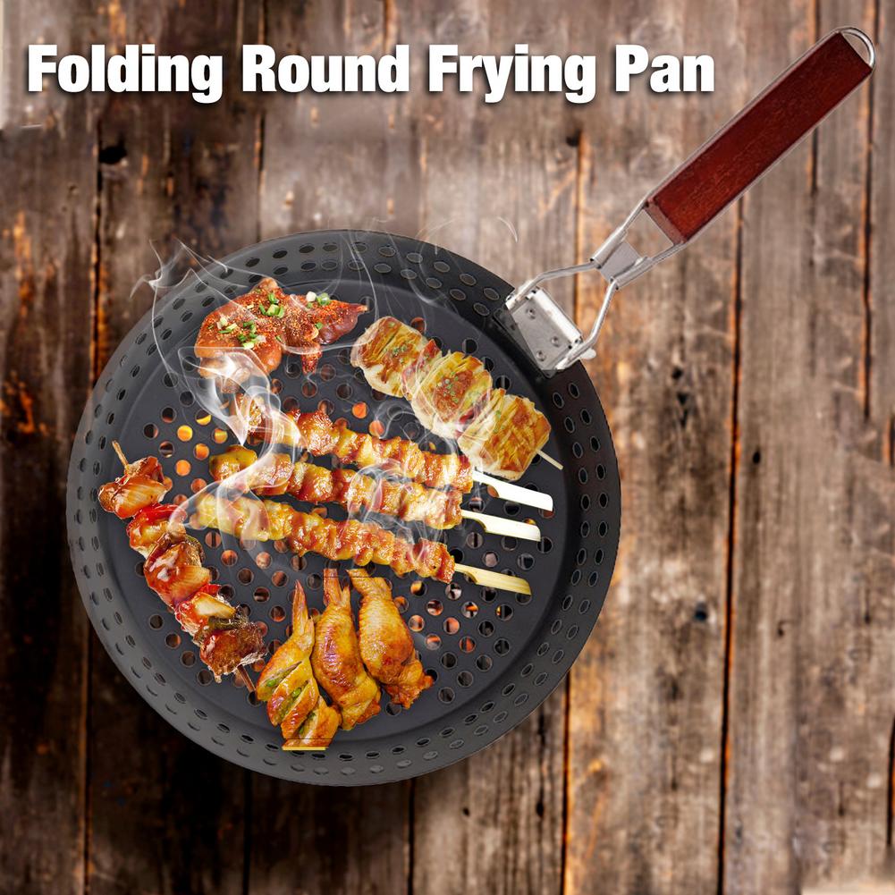 Folding Round Frying Pan Ultralight Grill Barbecue Tray With Folding Handle For Outdoor Cooking Camping Hiking Cooking Pots