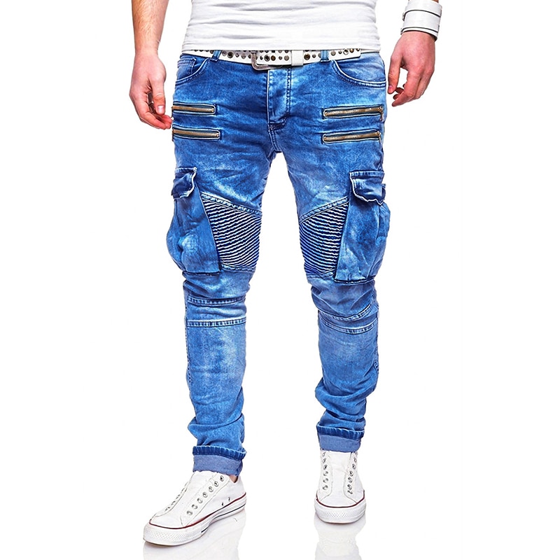 Mens Jeans Style Casual Zipper and Multi Pocket Denim Trousers Men