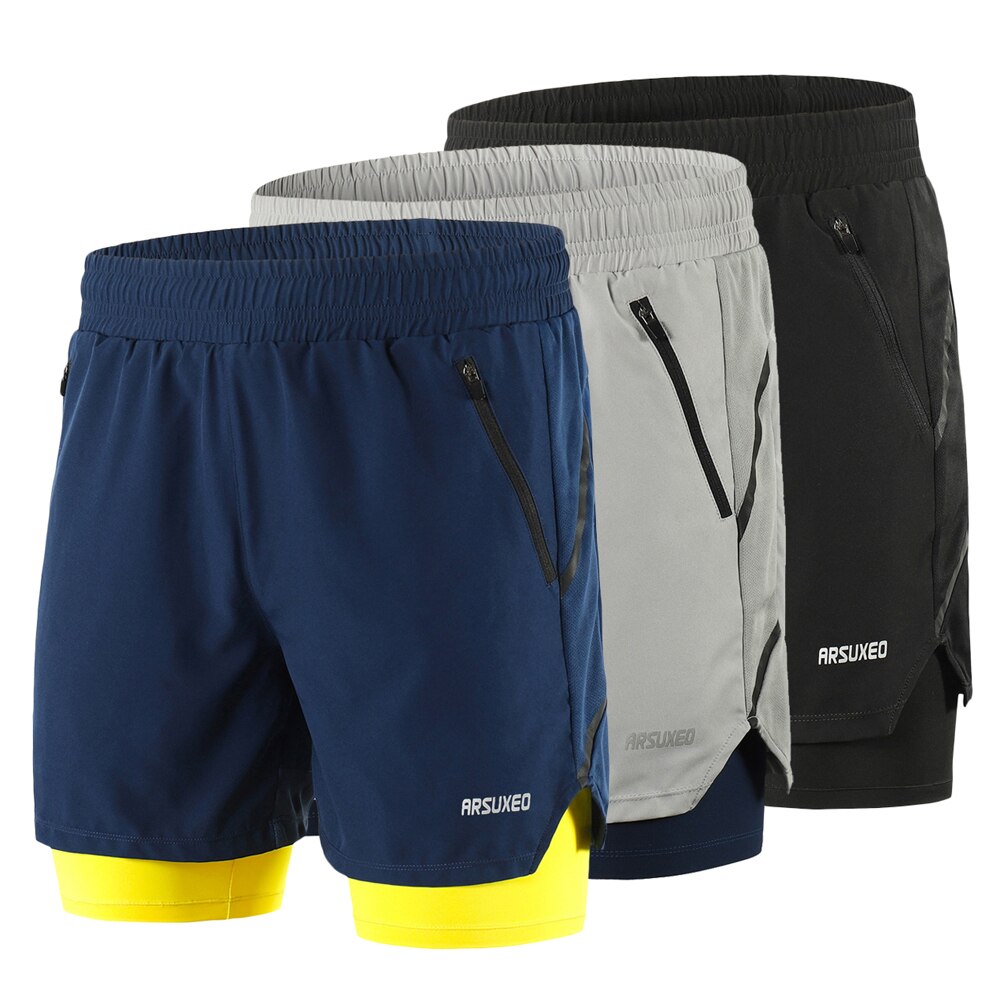 Arsuxeo Heren Running Shorts 2 In 1 Quick Dry Ademende Actieve Training Oefening Joggen Sport Gym Shorts Met Rits pocket