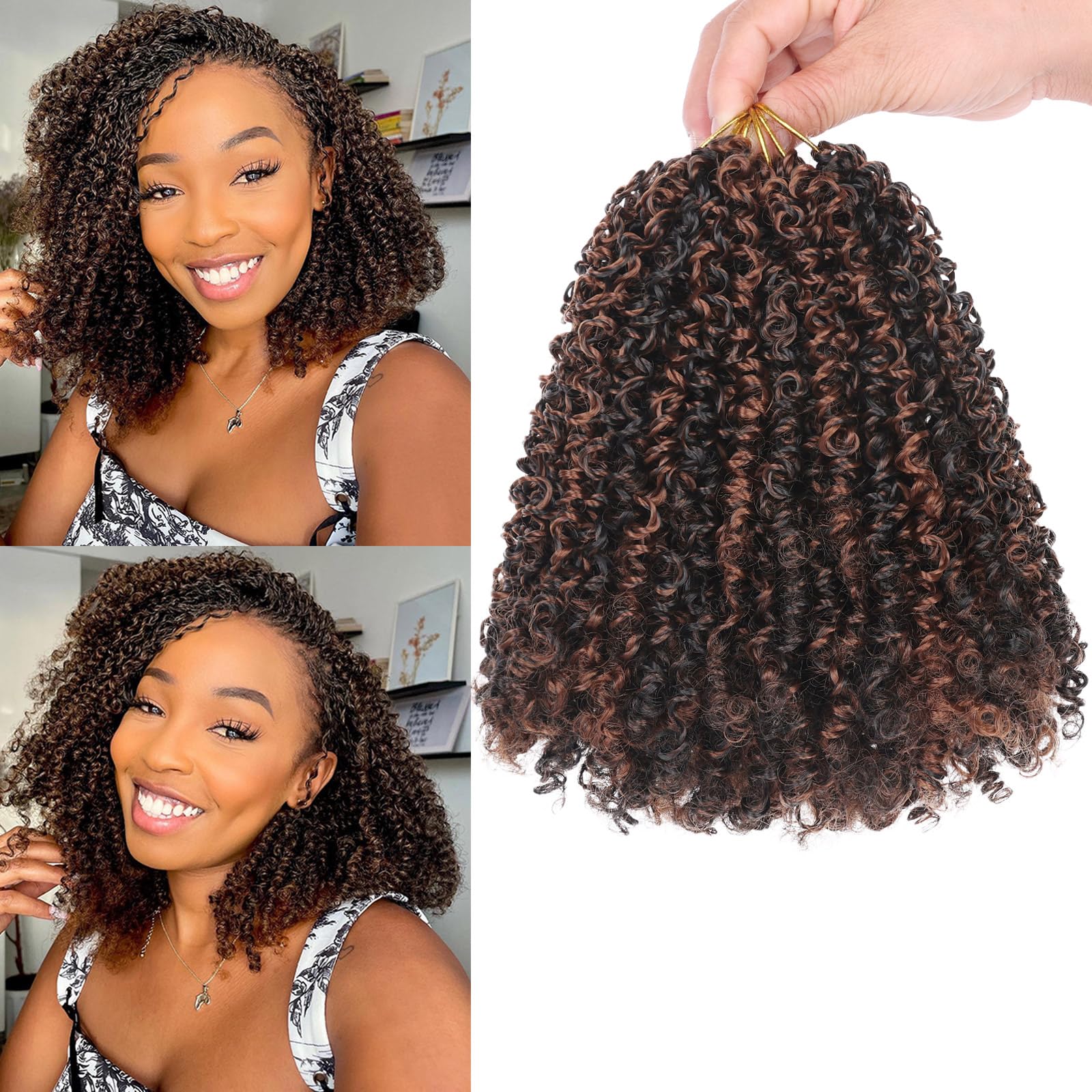 Trenzas de ganchillo Yanky pre-bucle negras de 12 pulgadas, trenzas de pelo ombré marrón bohemio de primavera con rizos, extensiones sintéticas: T1B/613 / 10 pulgadas