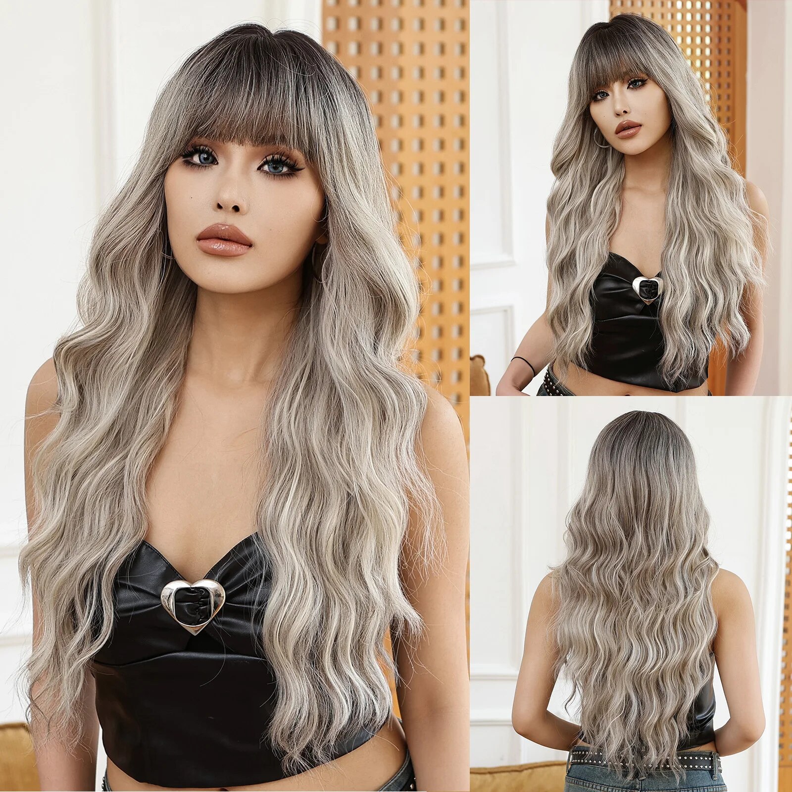 Perruque Synthétique Longue Ondulée Orange pour Femme, Cheveux Naturels Ondulés avec Longue Frange, Perruques de ixCosplay, Degré de Chaleur