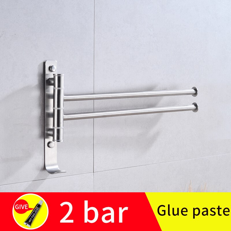 bathroom towel bar stainless steel hanging holder wall mounted glue paste rotating double towel holder rail hanger with hook: B-2bar(glue paste)