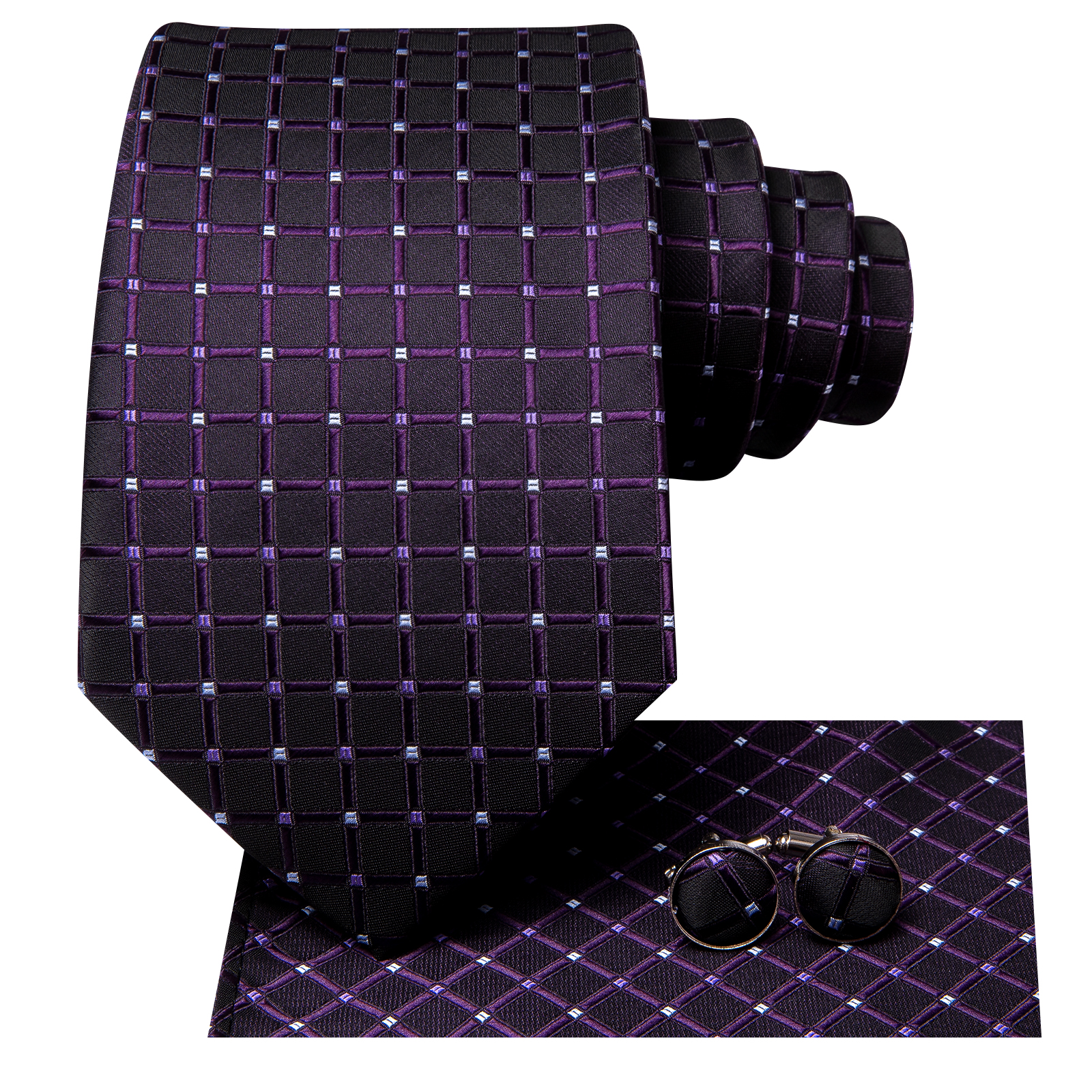 Hallo-binden Plaid Punkte Lila Grau Herren Elegante Krawatte Taschentuch Manschettenknöpfe für Rauchen Klassische Seide Luxus Krawatte für Mann