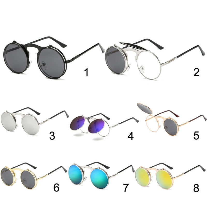 Metal Punk Sun Glasses Male Retro Steampunk Round Flip Up Sunglass Women Mens Clip On Sunglasses