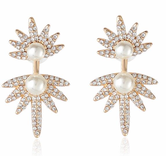 Hfarich Folha de Pérolas de Cristal Brinco Casacos Brincos Voltar Manguito Jóias Pregos Orelha Piercing Brincos Declaração Do Parafuso Prisioneiro para As Mulheres: Dourado