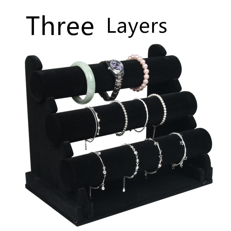1pcs Vintage PU Leather / Velvet Bracelet Chain Watch T-Bar Rack Jewelry Organizer Hard Display Stand Holder: 3Layers Velvet Black