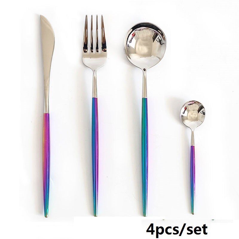 Färgglada bestick set rostfritt stål ätpinnar middag kniv sked gaffel tesked servis set jul silver fest: Silverbestick 4 st