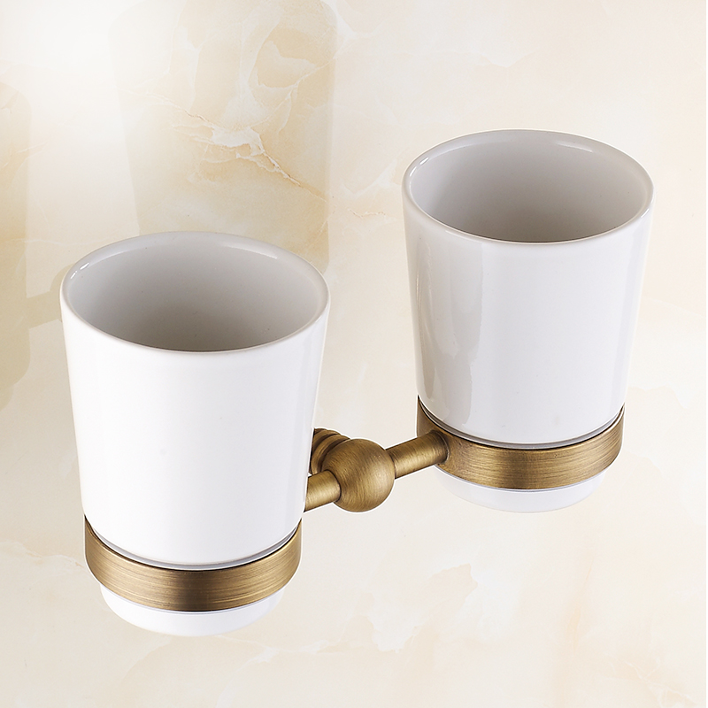 YRUIIA Porte-brosse à Dents Mural Double Noir Mat Premium - Avec 2 Gobelets En Verre Et Porte-gobelets En Laiton Massif - Accessoire Salle De Bain Design Moderne